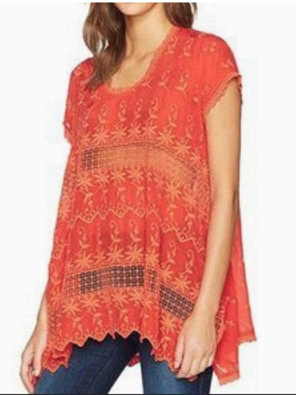 Johnny Was Orange Embroidered Cupra Rayon Handkerchief Hem Tunic Top Sz M - Picture 3 of 7